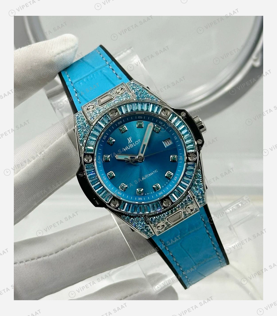 Hublot Big Bang Mavi Kordon Kutu Display Super Clone ETA Eta Saat detay 5