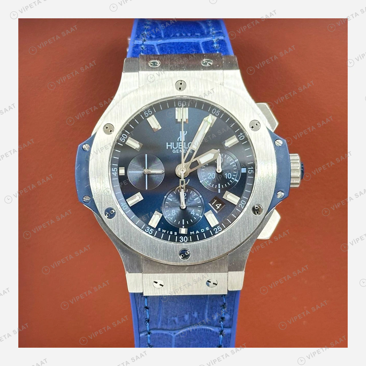 Hublot Big Bang Mavi Kronograf Çelik Deri Super Clone ETA Eta Saat yan görünüm