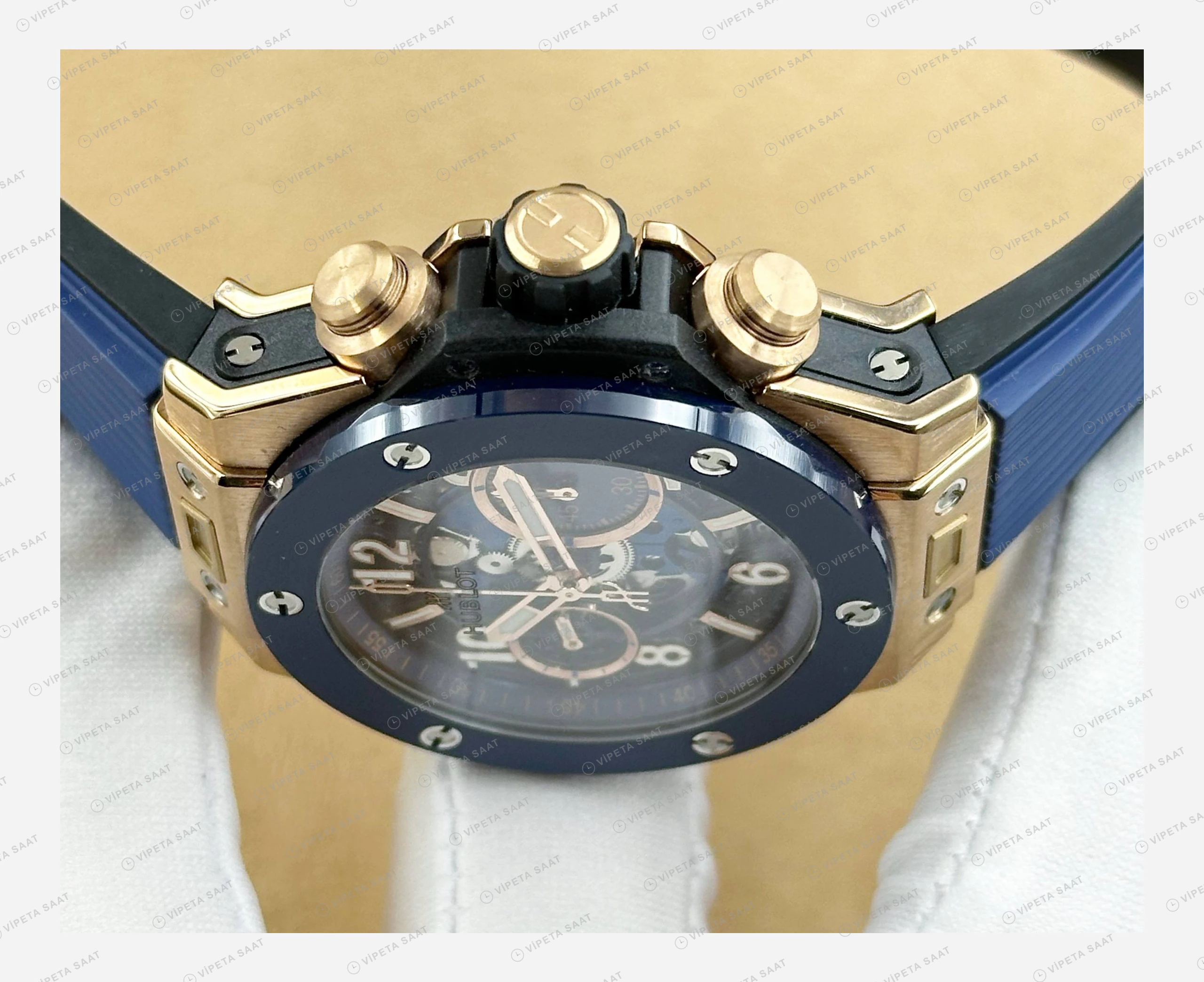Hublot Big Bang Mavi Kronograf Kauçuk Parlak Bileklik Super Clone ETA Eta Saat detay 3
