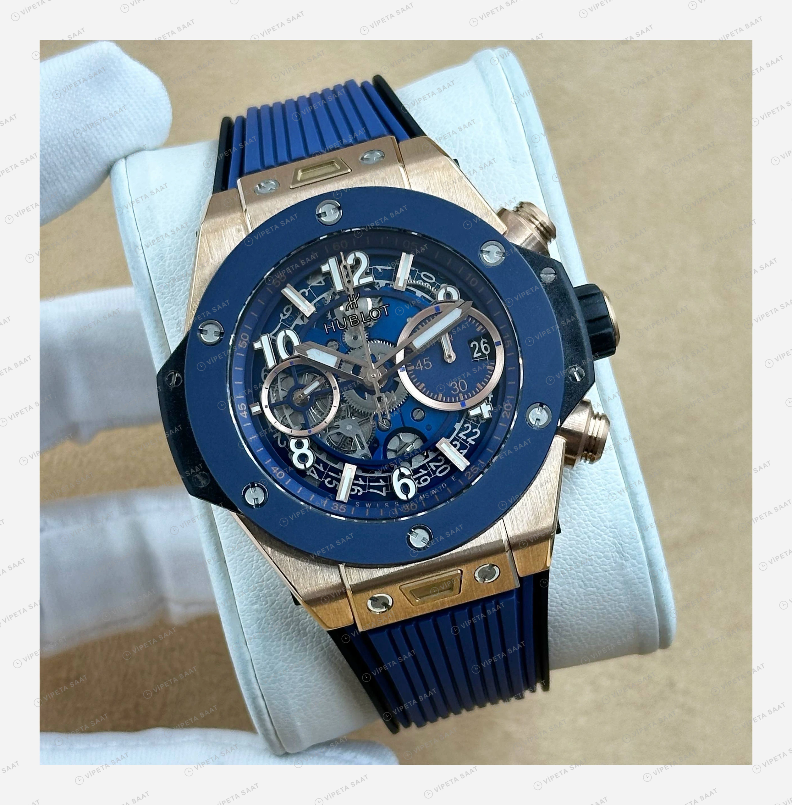 Hublot Big Bang Mavi Kronograf Kauçuk Parlak Bileklik Super Clone ETA Eta Saat detay 6