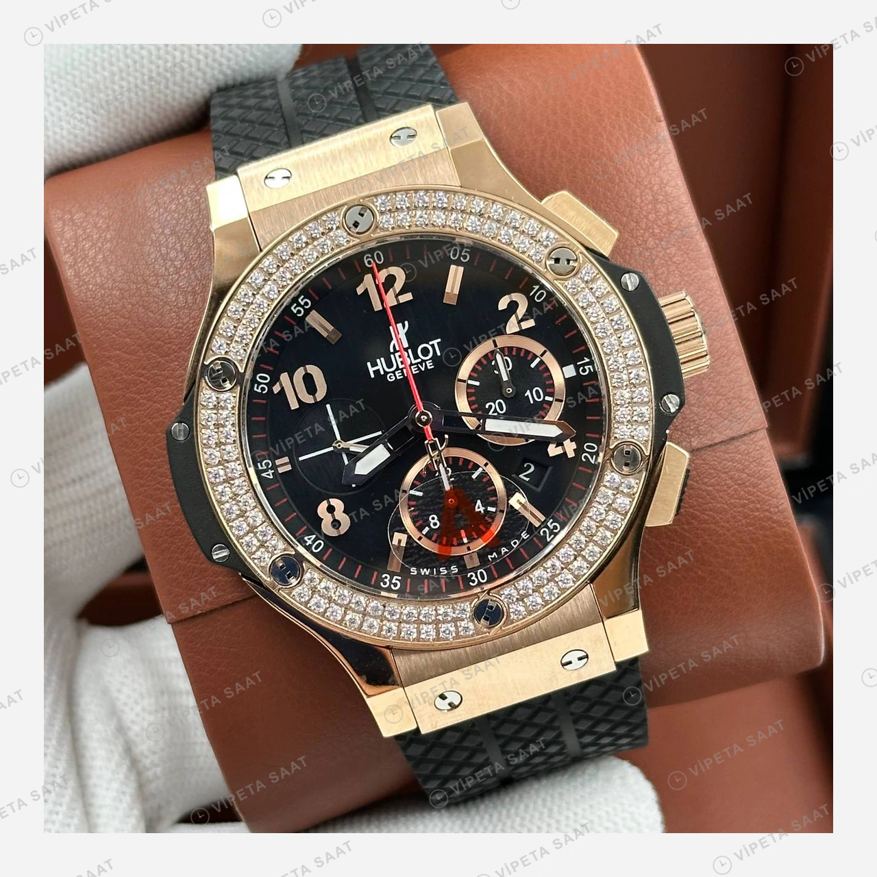 Hublot Big Bang Rose Gold Siyah Elmas Taşlı Kronograf Super Clone ETA Eta Saat detay 4