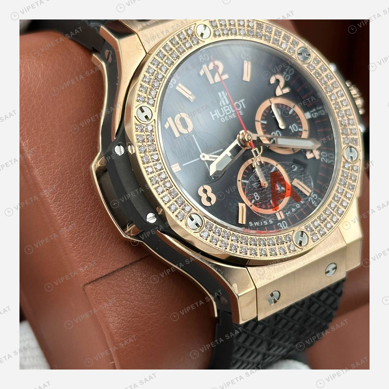 Hublot Big Bang Rose Gold Siyah Elmas Taşlı Kronograf Super Clone ETA Eta Saat detay 5