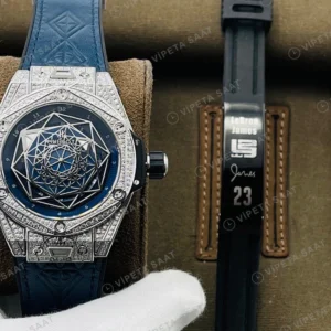 Hublot Big Bang Sang Bleu Baget Kasa Mavi Kadran Mavi Deri Super Clone Eta Eta Saat karşıdan görünüm