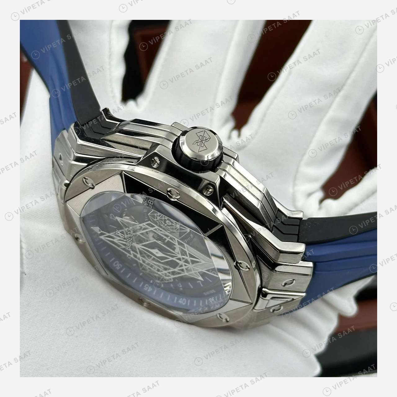Hublot Big Bang Sang Bleu Gri Geometrik Skeleton Kauçuk Super Clone ETA Eta Saat detay 3