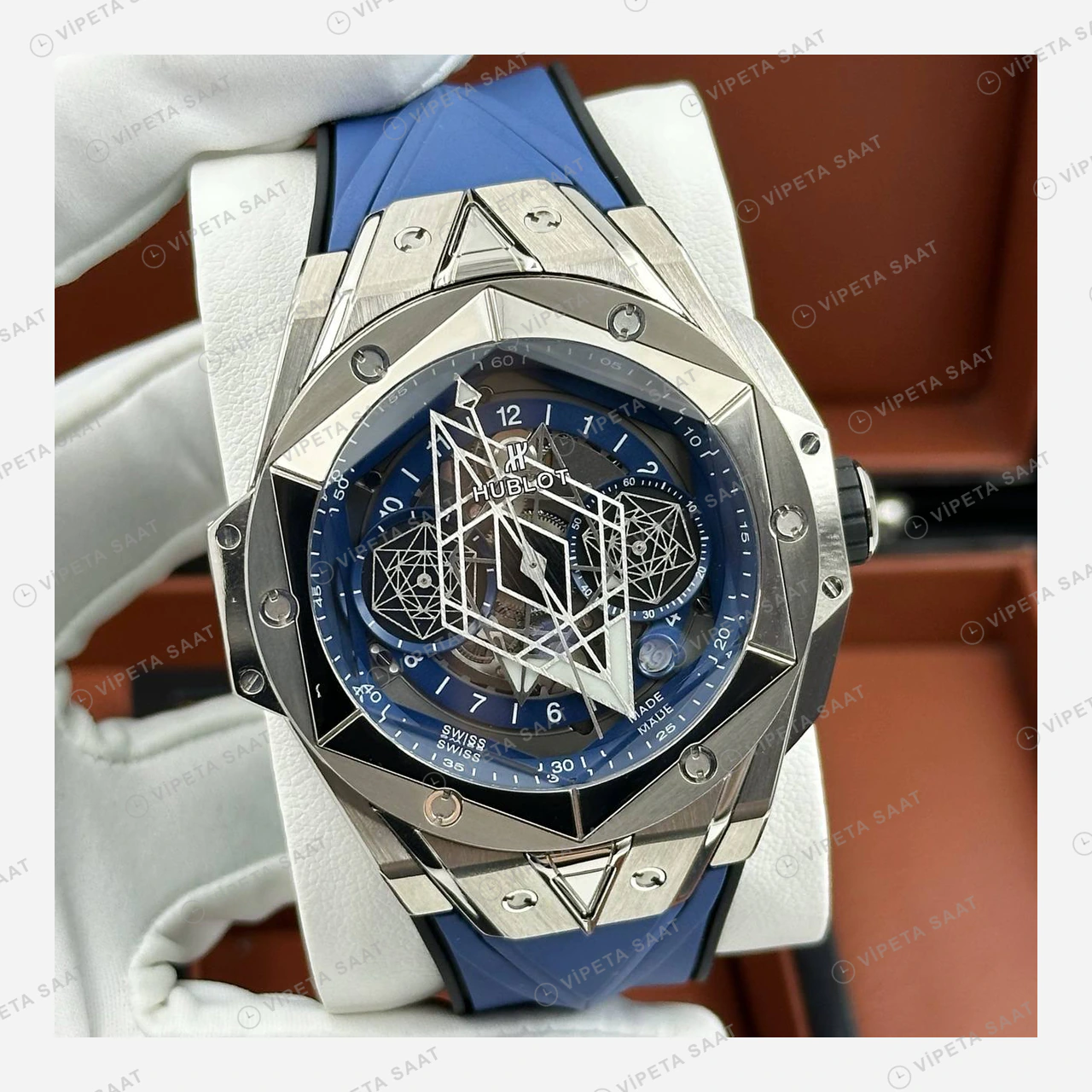 Hublot Big Bang Sang Bleu Gri Geometrik Skeleton Kauçuk Super Clone ETA Eta Saat detay 4