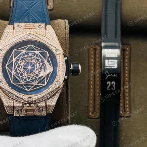 Hublot Big Bang Sang Bleu Rose Kasa Baget Bezel Mavi Kadran Mavi Deri Super Clone Eta Eta Saat karşıdan görünüm