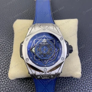 Hublot Big Bang Sang Bleu Titanyum Kasa Mavi Kadran Mavi Deri Kordon Super Clone Eta Eta Saat karşıdan görünüm