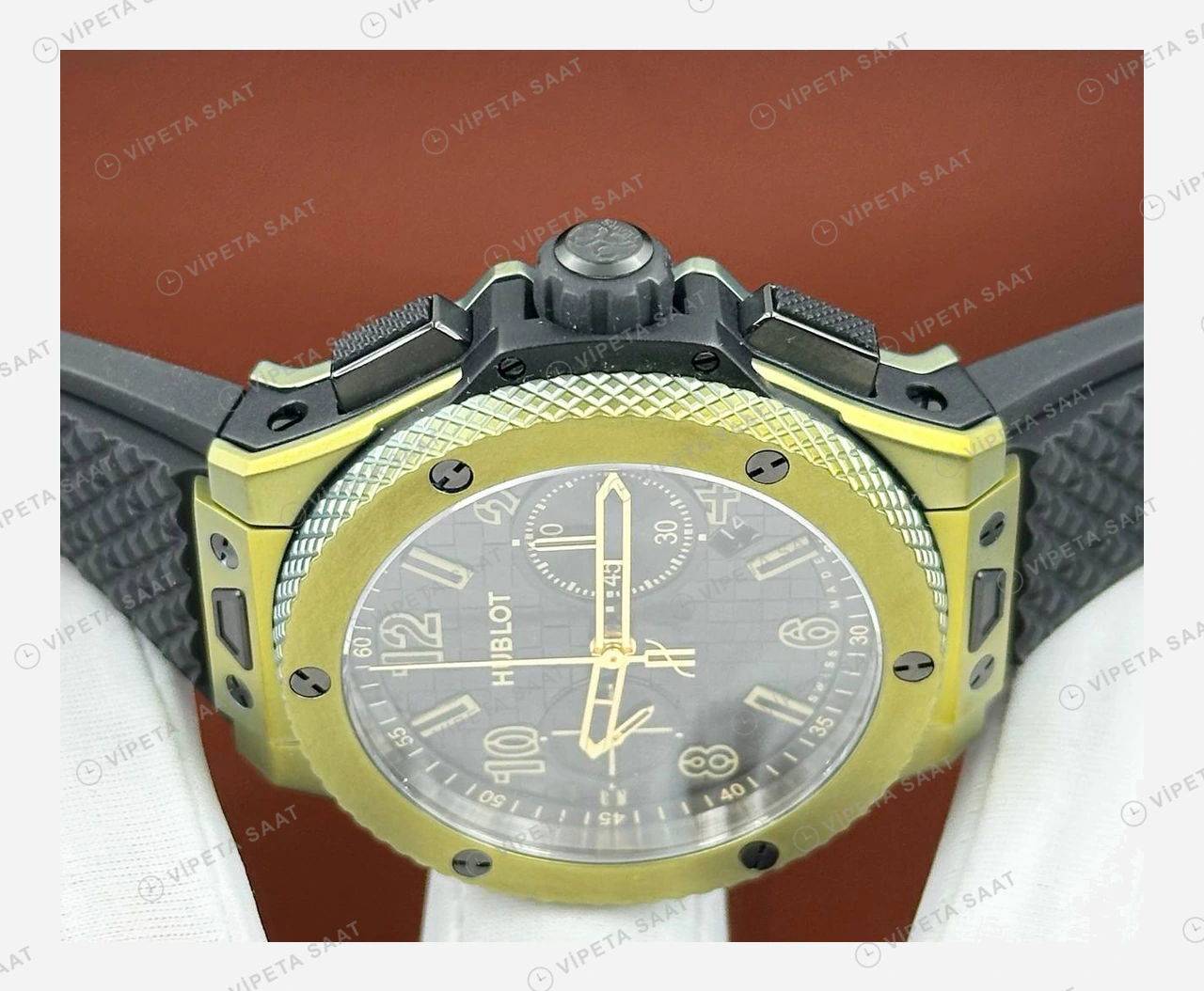 Hublot Big Bang Sarı Altın Siyah Kronograf Kauçuk Super Clone ETA Eta Saat detay 3