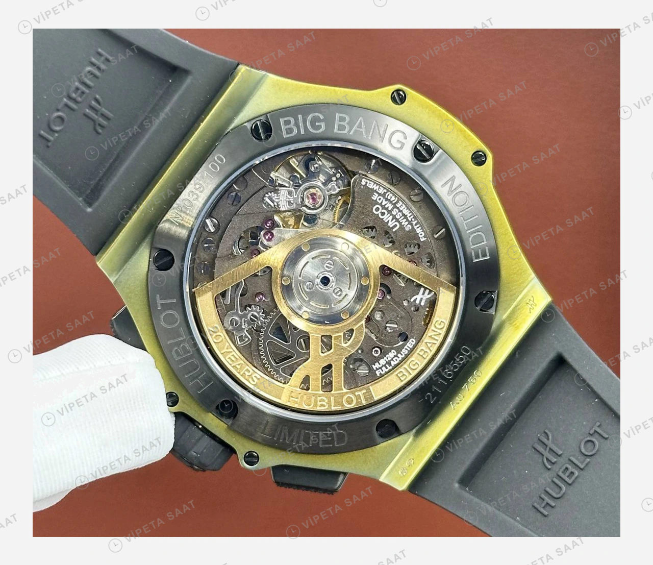 Hublot Big Bang Sarı Altın Siyah Kronograf Kauçuk Super Clone ETA Eta Saat detay 4