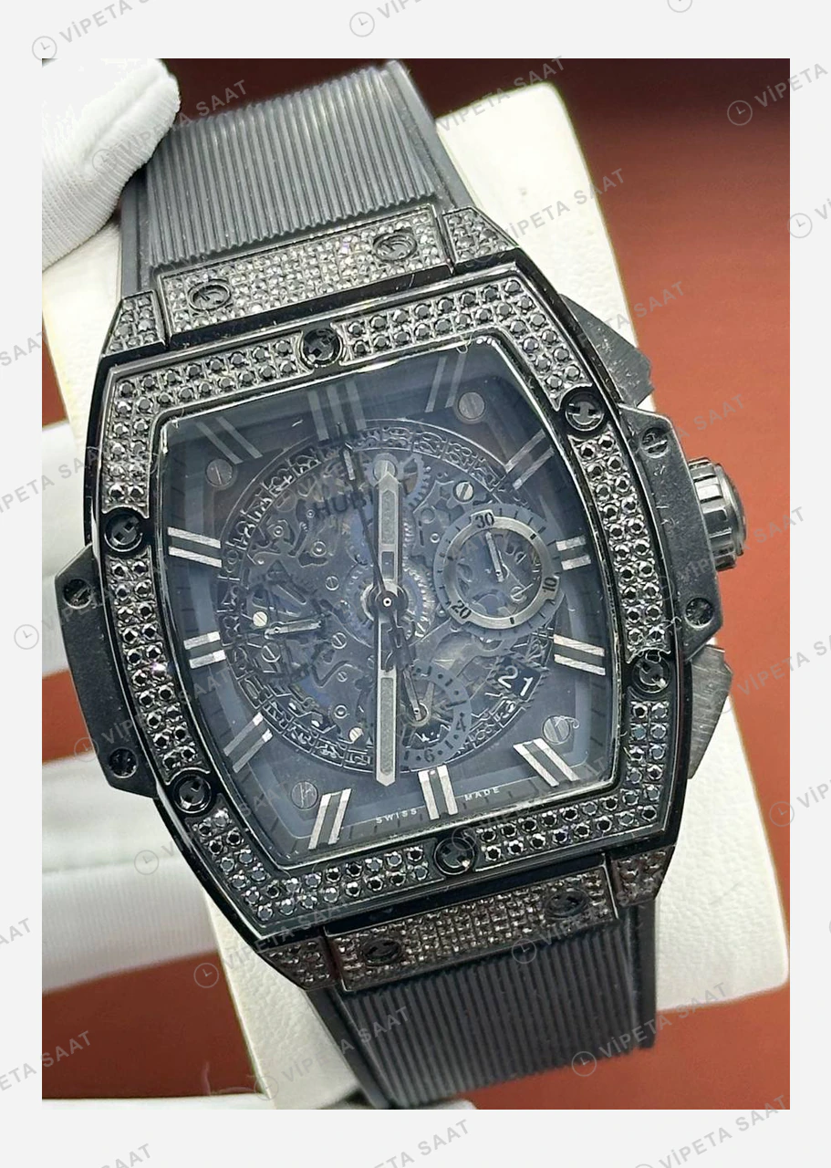 Hublot Big Bang Siyah Elmas Skeleton Kronograf Kauçuk Super Clone ETA Eta Saat detay 3