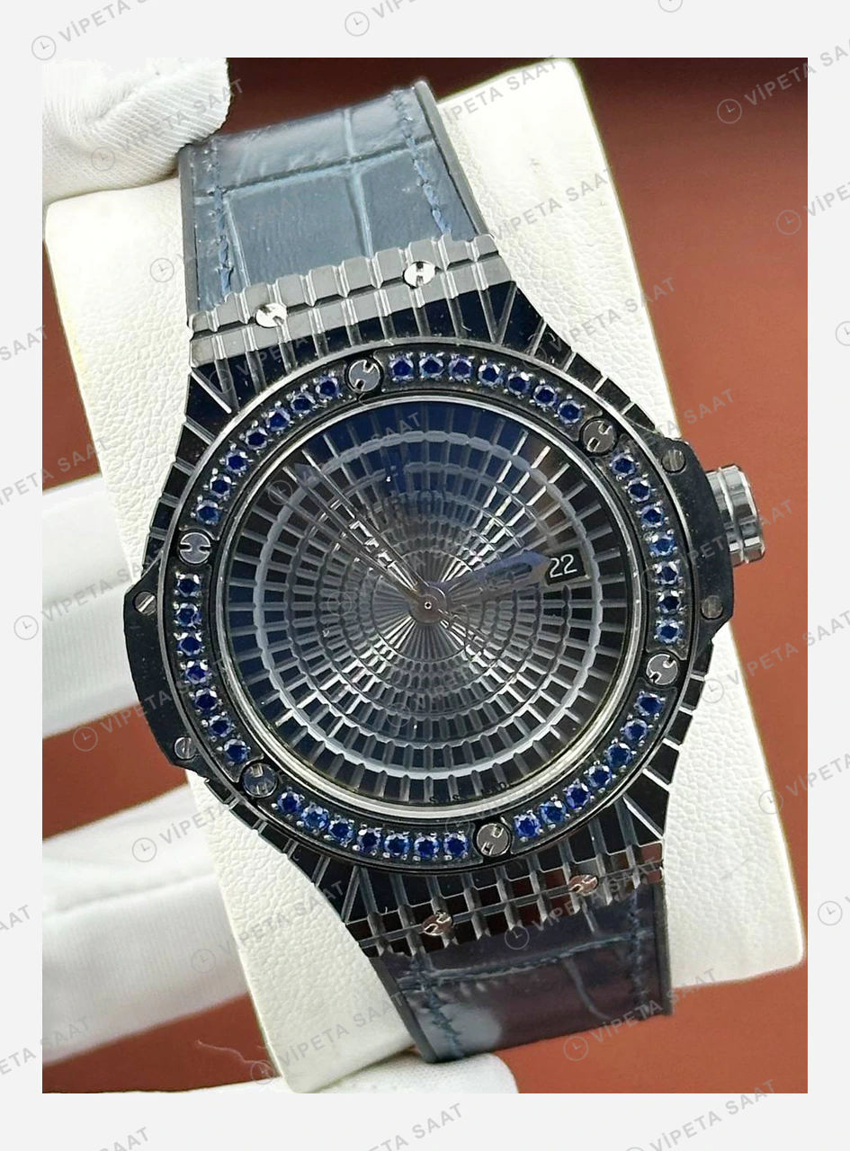 Hublot Big Bang Siyah Pave Mavi Taşlı Kauçuk Super Clone ETA Eta Saat detay 4