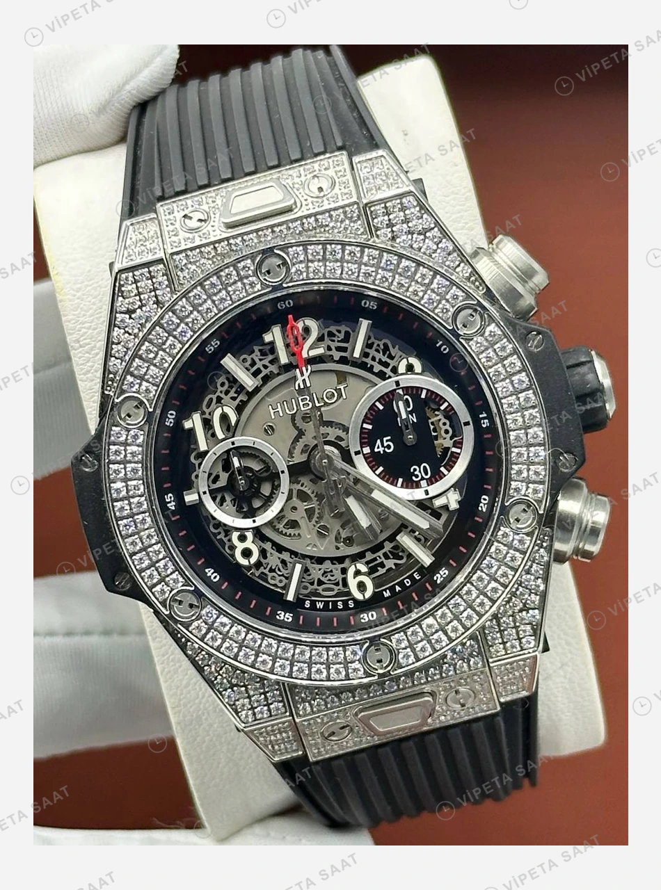 Hublot Big Bang Siyah Tourbillon Elmas Taşlı Kronograf Super Clone ETA Eta Saat yan görünüm