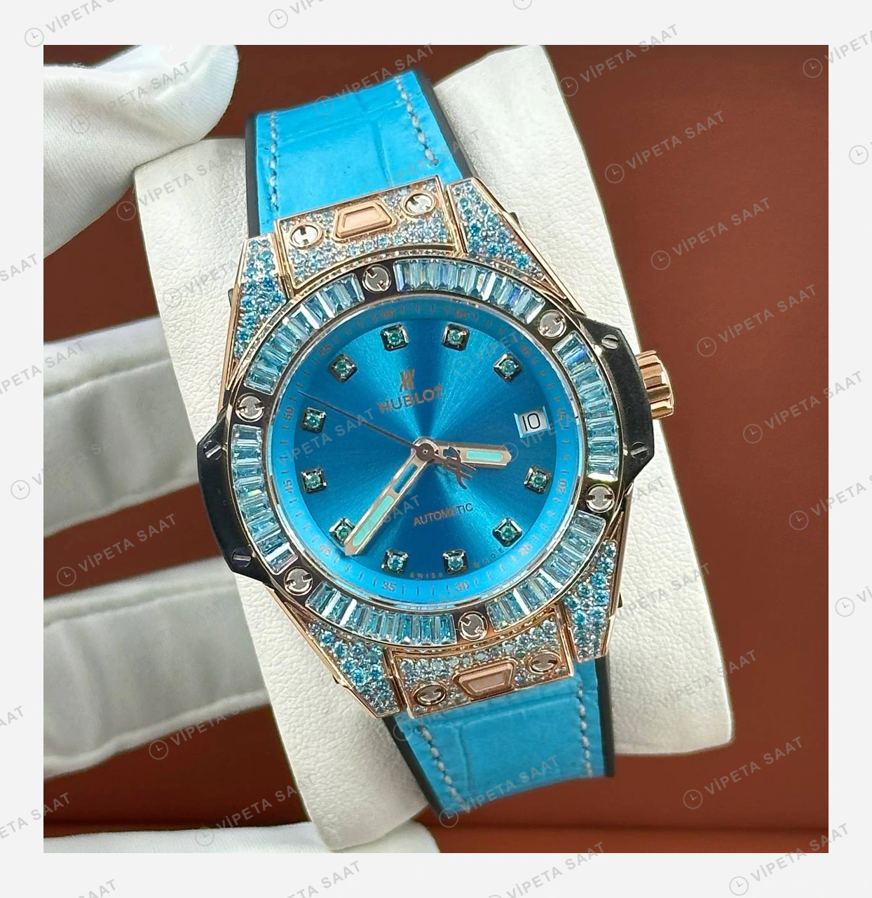 Hublot Big Bang Tiffany Pave Elmas Taşlı Deri Super Clone ETA Eta Saat detay 4