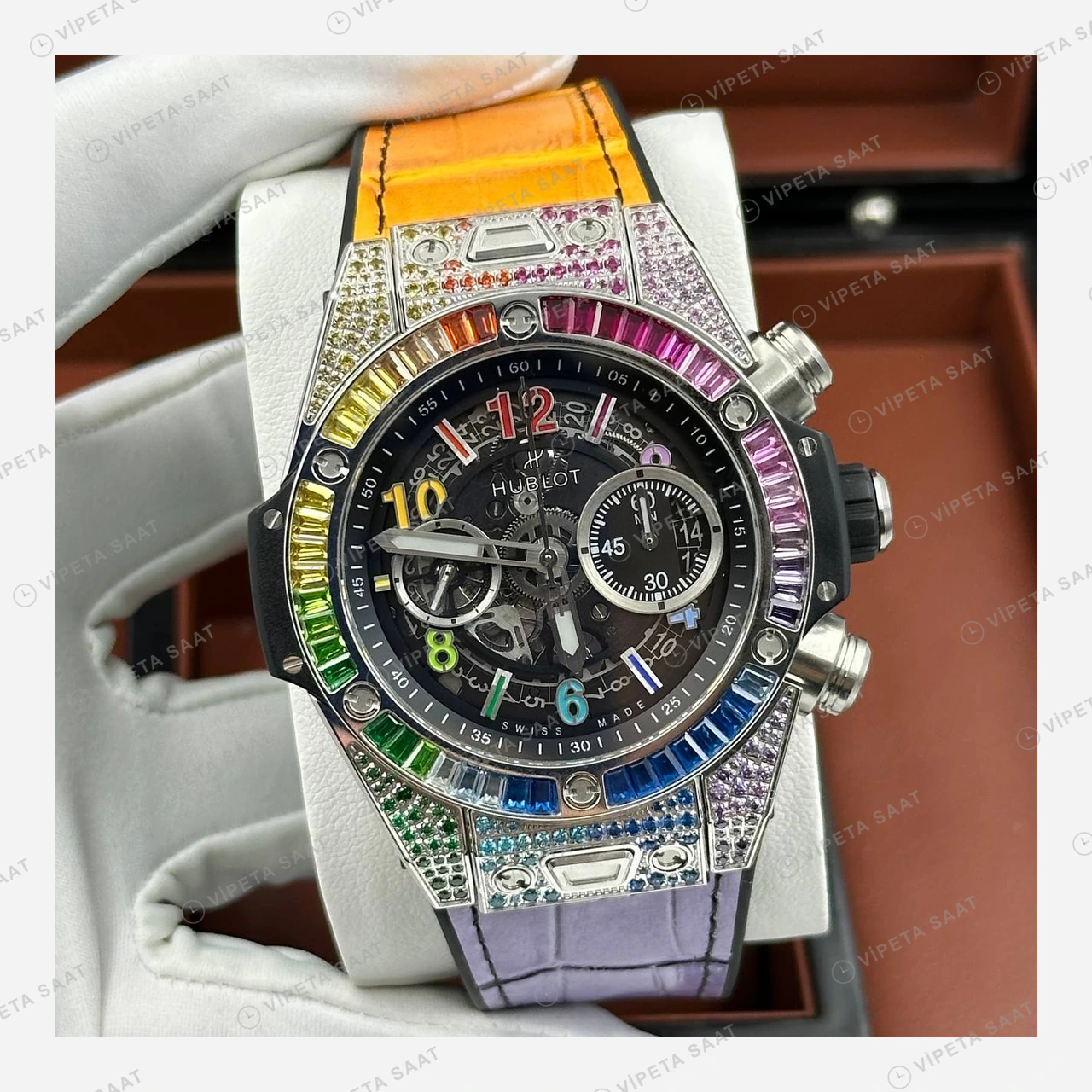 Hublot Big Bang Unico Gökkuşağı Skeleton Mor Kauçuk Super Clone ETA Eta Saat detay 5