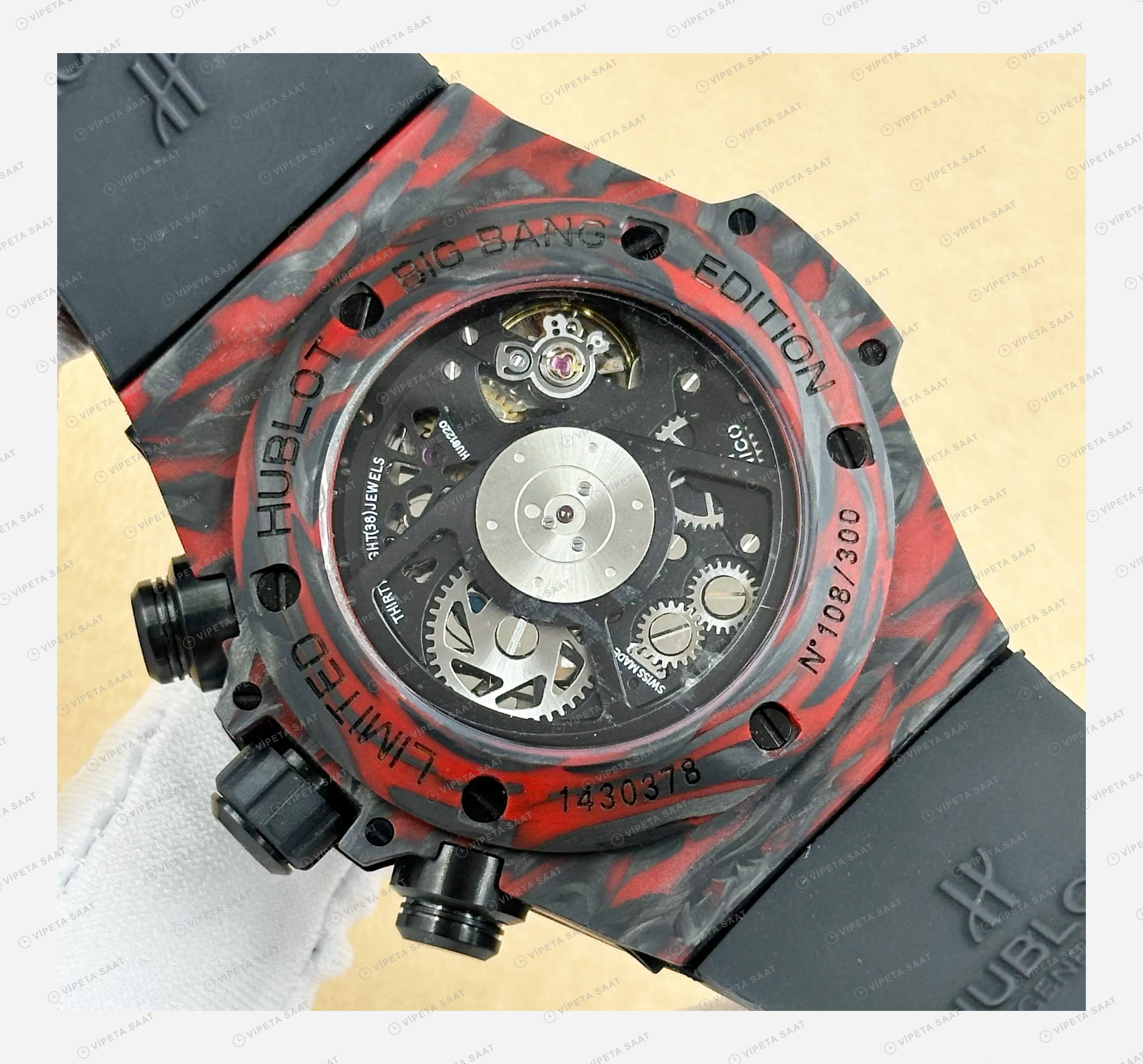 Hublot Big Bang Unico Kırmızı Karbon Skeleton Kronograf Kauçuk Super Clone ETA Eta Saat detay 6