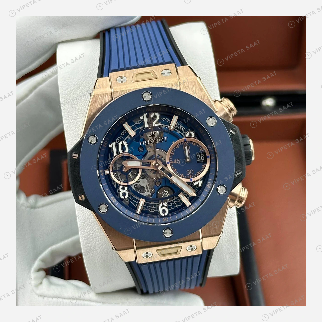 Hublot Big Bang Unico Mavi Rose Kronograf Kauçuk Super Clone ETA Eta Saat detay 4