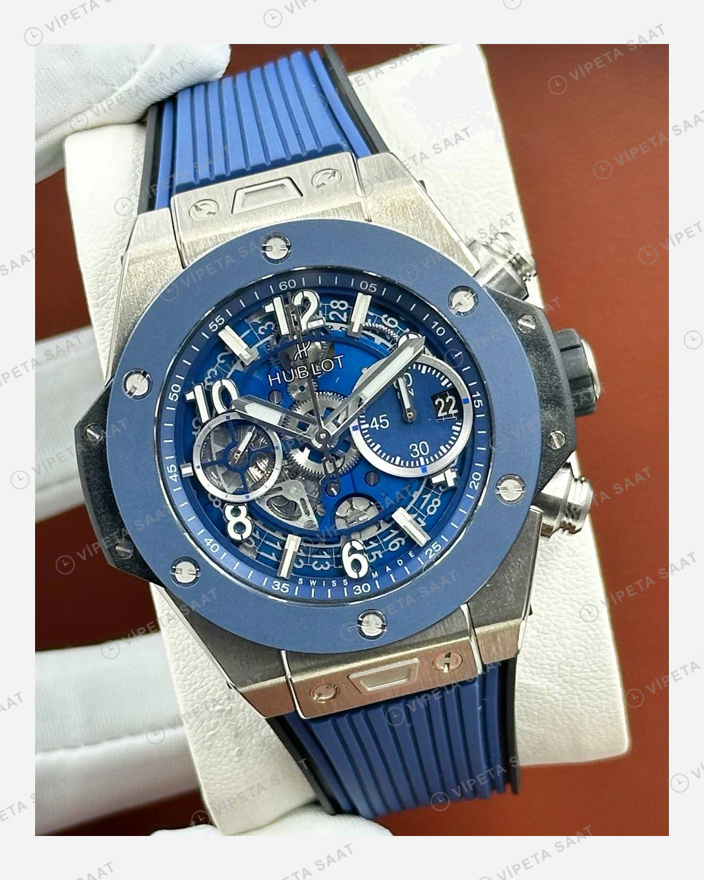 Hublot Big Bang Unico Mavi Skeleton Kronograf Çelik Kauçuk Super Clone ETA Eta Saat detay 6