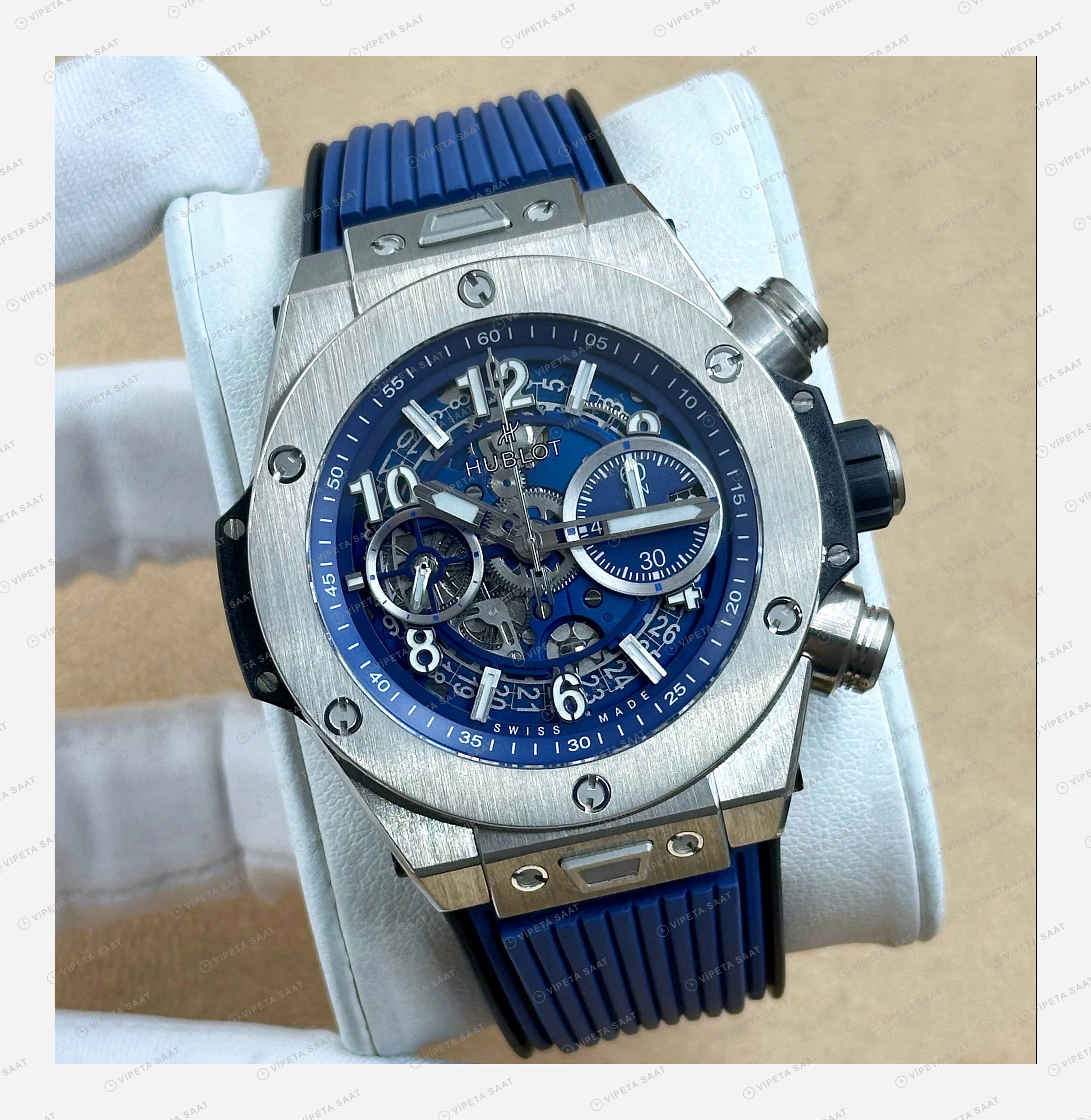 Hublot Big Bang Unico Mavi Skeleton Kronograf Lacivert Kauçuk Super Clone ETA Eta Saat detay 5