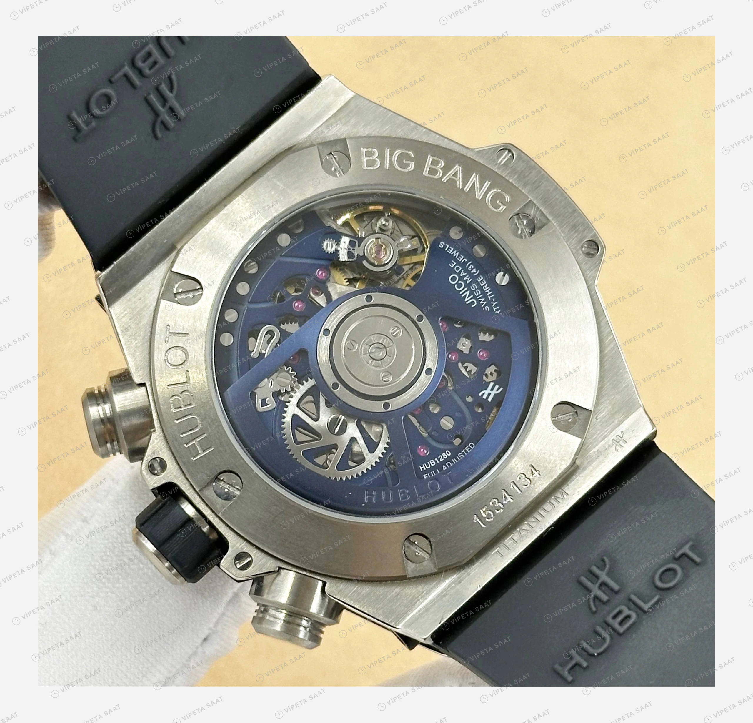 Hublot Big Bang Unico Mavi Skeleton Kronograf Lacivert Kauçuk Super Clone ETA Eta Saat detay 6
