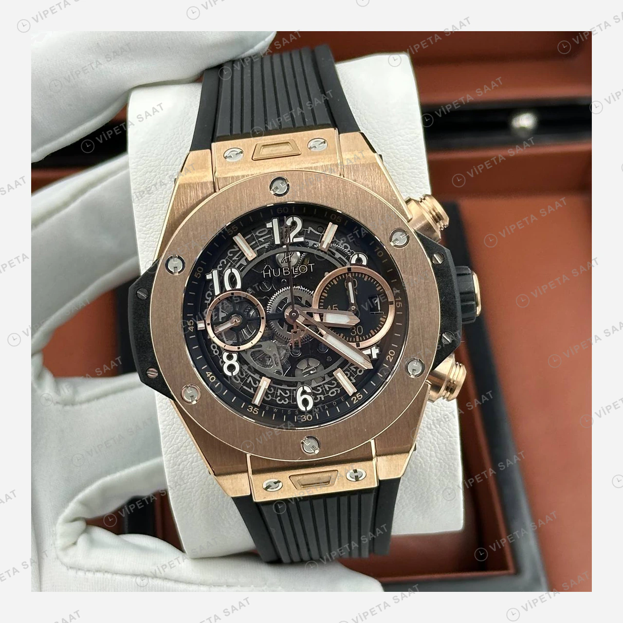 Hublot Big Bang Unico Rose Gold Siyah Skeleton Kronograf Super Clone ETA Eta Saat detay 6