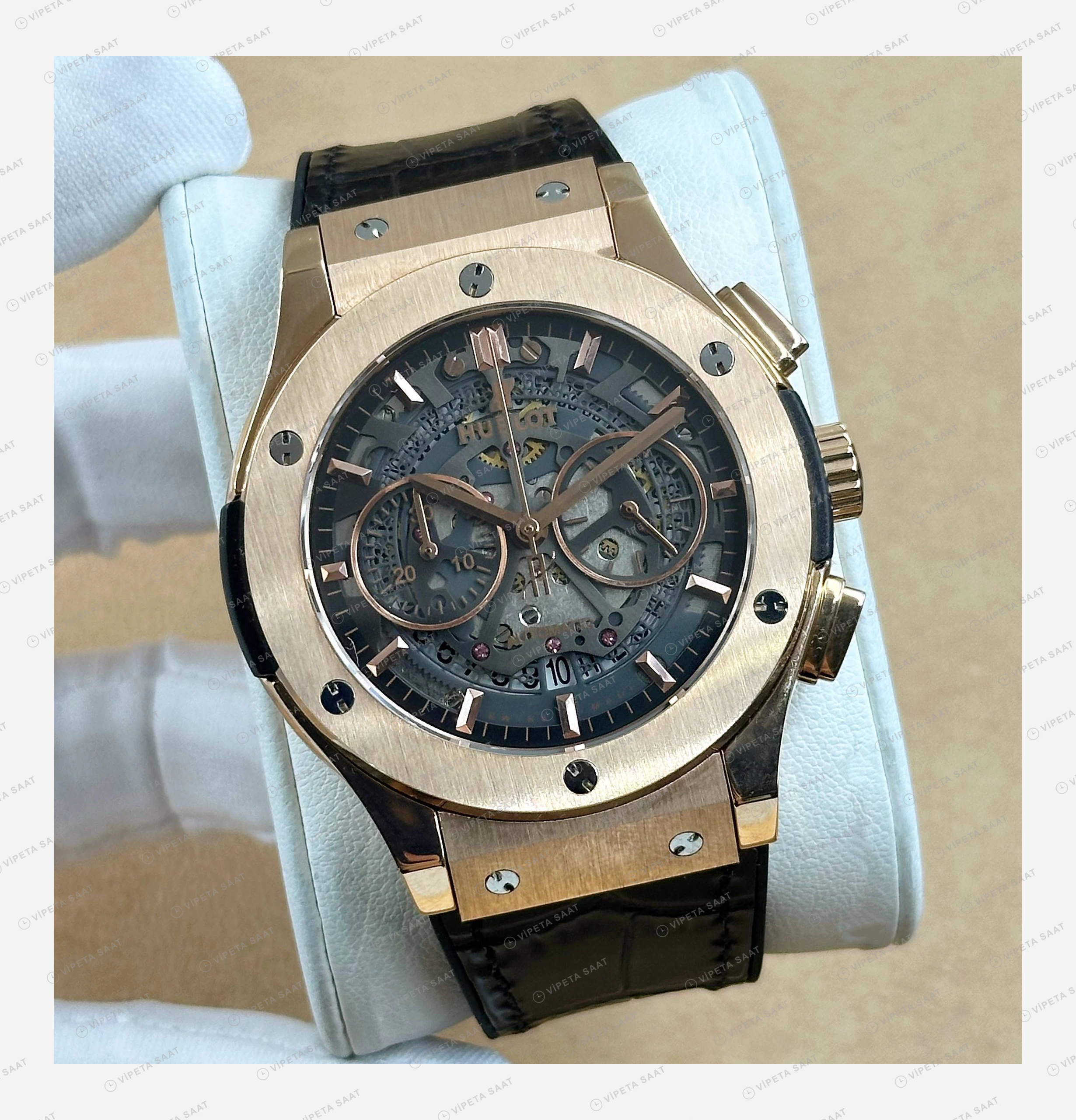 Hublot Big Bang Unico Rose Skeleton Kahve Kronograf Kauçuk Super Clone ETA Eta Saat detay 5