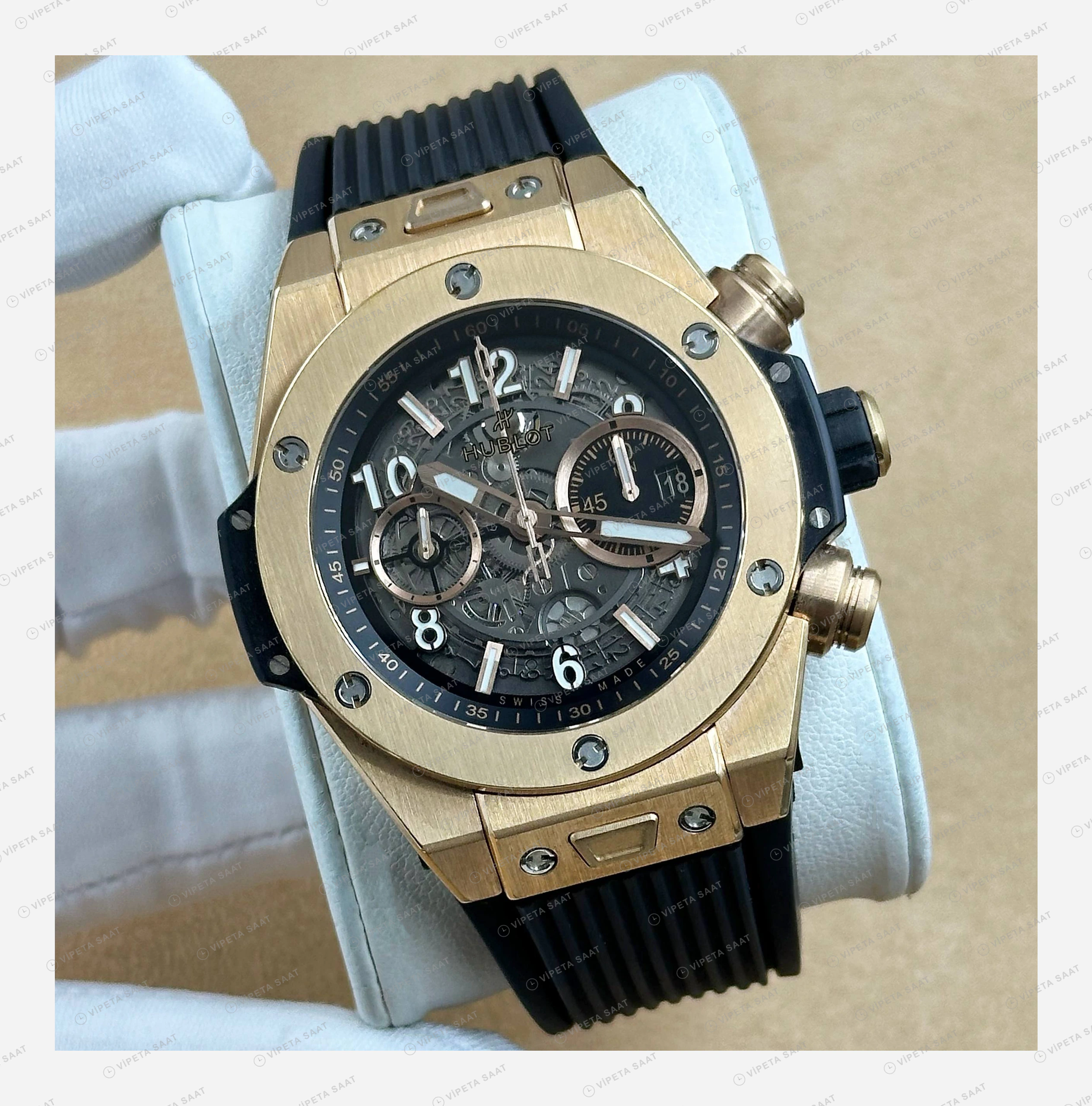 Hublot Big Bang Unico Rose Skeleton Siyah Kauçuk Kronograf Super Clone ETA Eta Saat detay 4