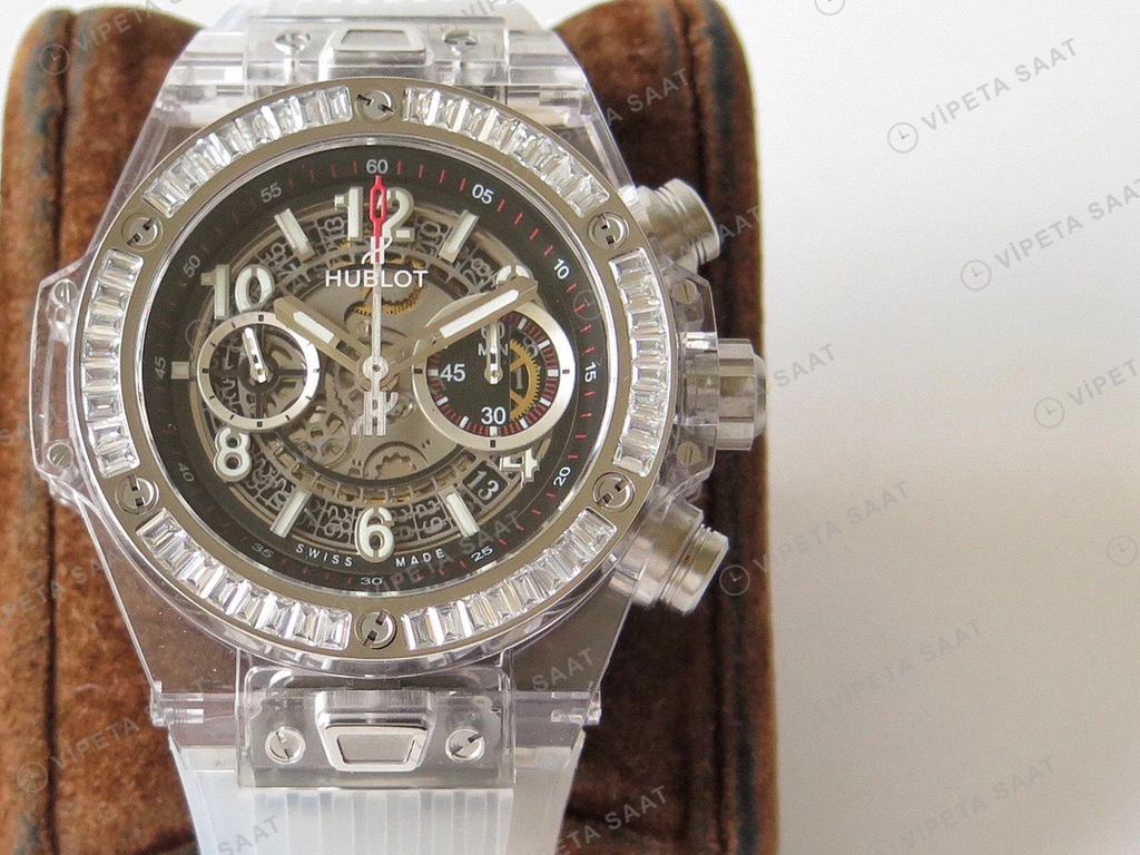 Hublot Big Bang Unico Sapphire Iskelet Baget Bezel Beyaz Kaucuk Kordon Super Clone Eta Eta Saat detay 3