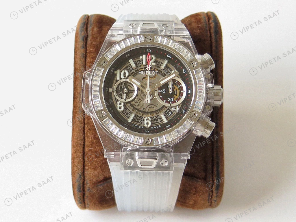 Hublot Big Bang Unico Sapphire Iskelet Baget Bezel Beyaz Kaucuk Kordon Super Clone Eta Eta Saat detay 5