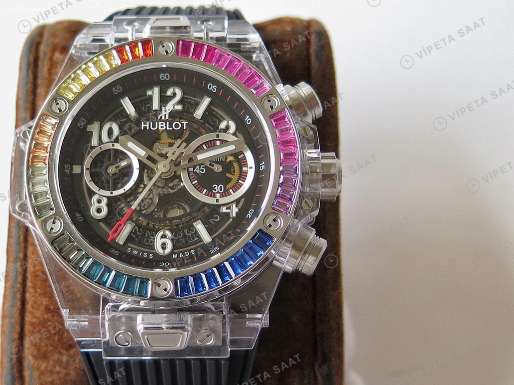 Hublot Big Bang Unico Sapphire Iskelet Rainbow Bezel Siyah Kaucuk Kordon Super Clone Eta Eta Saat detay 3