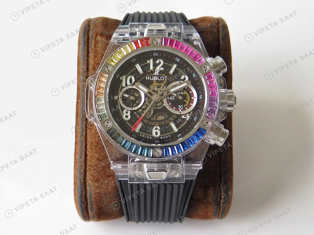 Hublot Big Bang Unico Sapphire Iskelet Rainbow Bezel Siyah Kaucuk Kordon Super Clone Eta Eta Saat detay 5