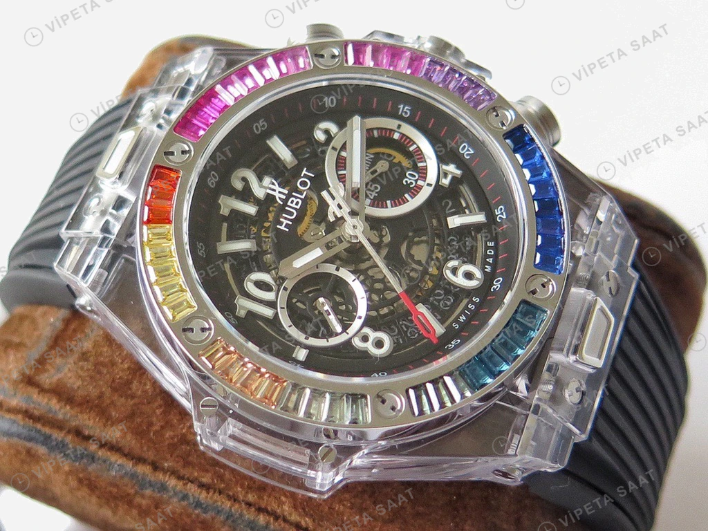 Hublot Big Bang Unico Sapphire Iskelet Rainbow Bezel Siyah Kaucuk Kordon Super Clone Eta Eta Saat detay 6