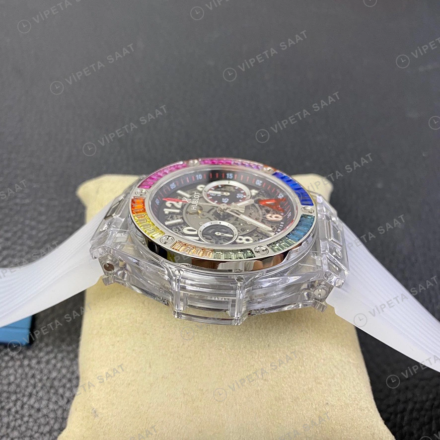 Hublot Big Bang Unico Sapphire Seffaf Kasa Rainbow Bezel Kaucuk Kordon Super Clone Eta Eta Saat detay 3