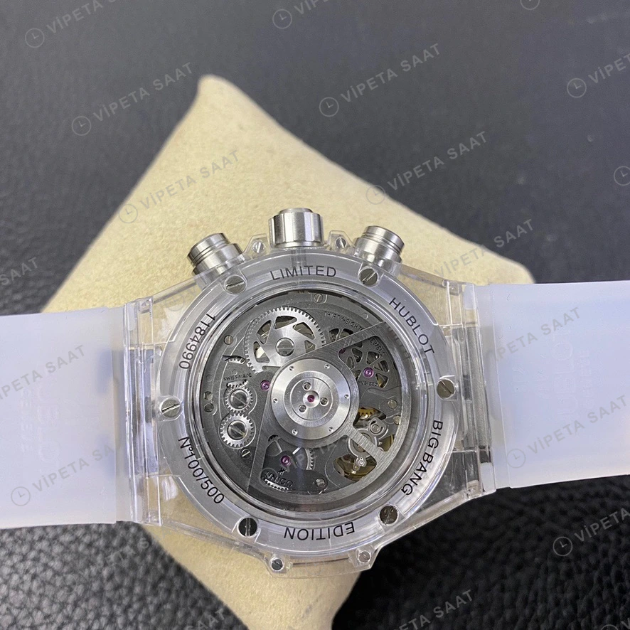 Hublot Big Bang Unico Sapphire Seffaf Kasa Rainbow Bezel Kaucuk Kordon Super Clone Eta Eta Saat detay 4