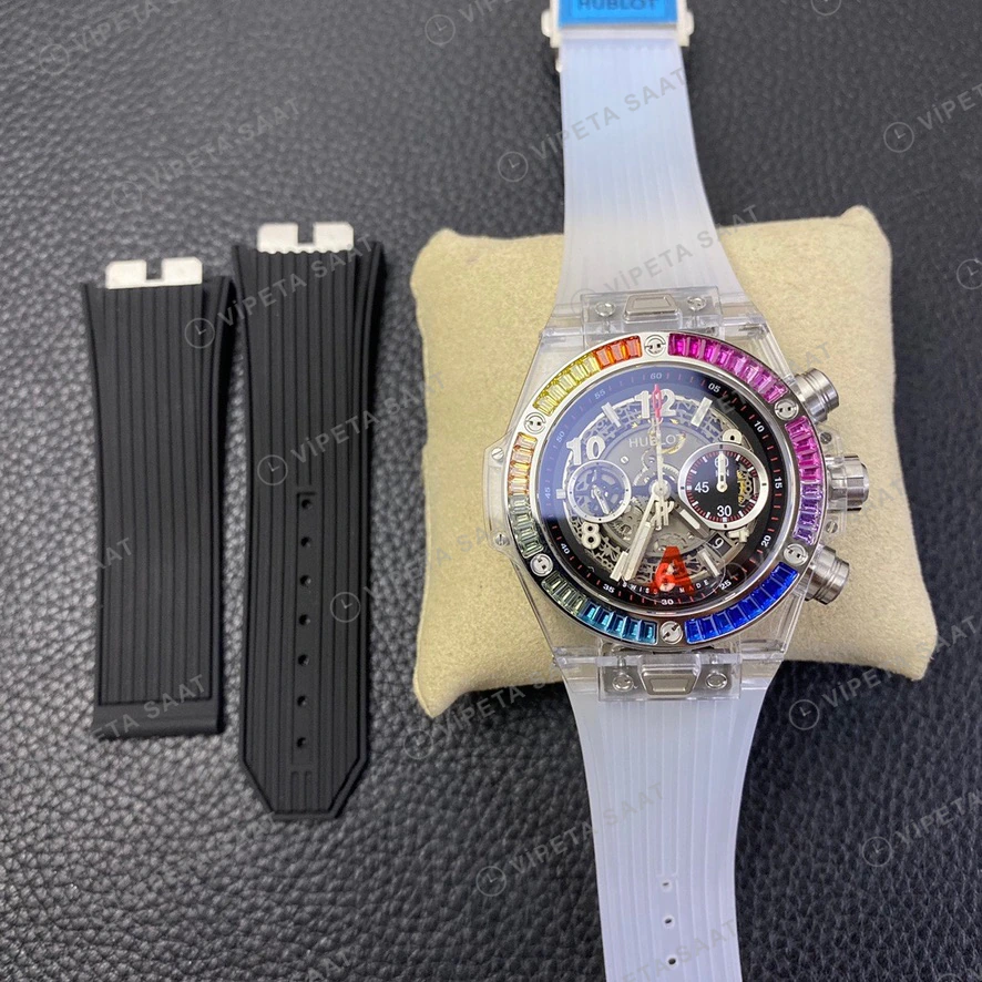 Hublot Big Bang Unico Sapphire Seffaf Kasa Rainbow Bezel Kaucuk Kordon Super Clone Eta Eta Saat detay 6