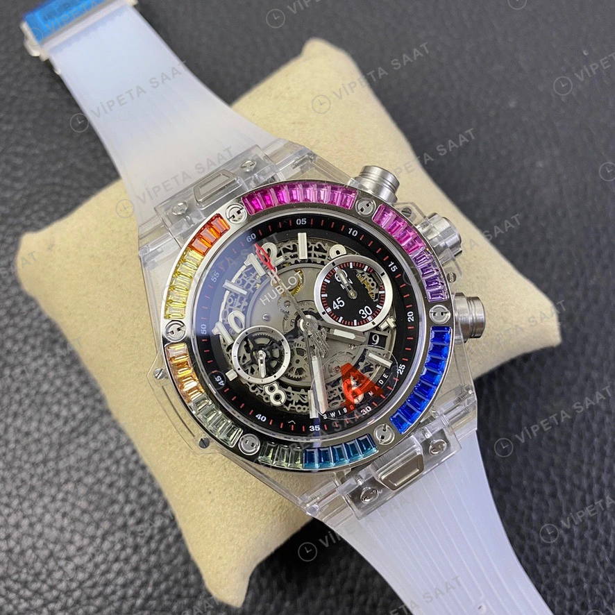 Hublot Big Bang Unico Sapphire Seffaf Kasa Rainbow Bezel Kaucuk Kordon Super Clone Eta Eta Saat detay 7