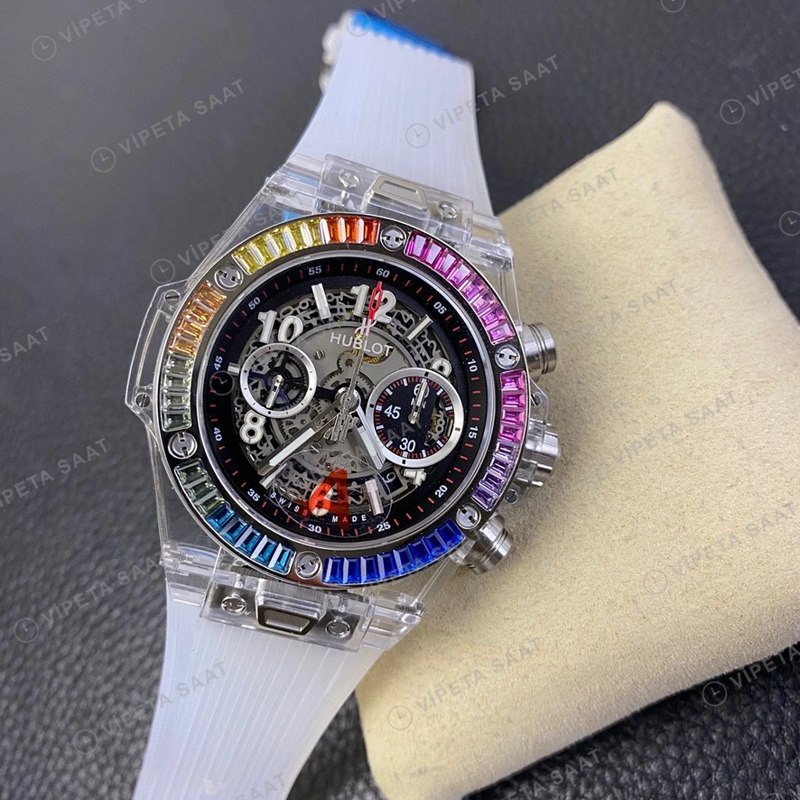 Hublot Big Bang Unico Sapphire Seffaf Kasa Rainbow Bezel Kaucuk Kordon Super Clone Eta Eta Saat detay 8