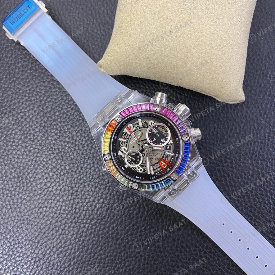 Hublot Big Bang Unico Sapphire Seffaf Kasa Rainbow Bezel Kaucuk Kordon Super Clone Eta Eta Saat detay 9