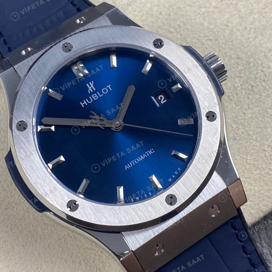 Hublot Classic Fusion Mavi Kadran Celik Kasa Mavi Deri Kordon Super Clone Eta Eta Saat detay 3