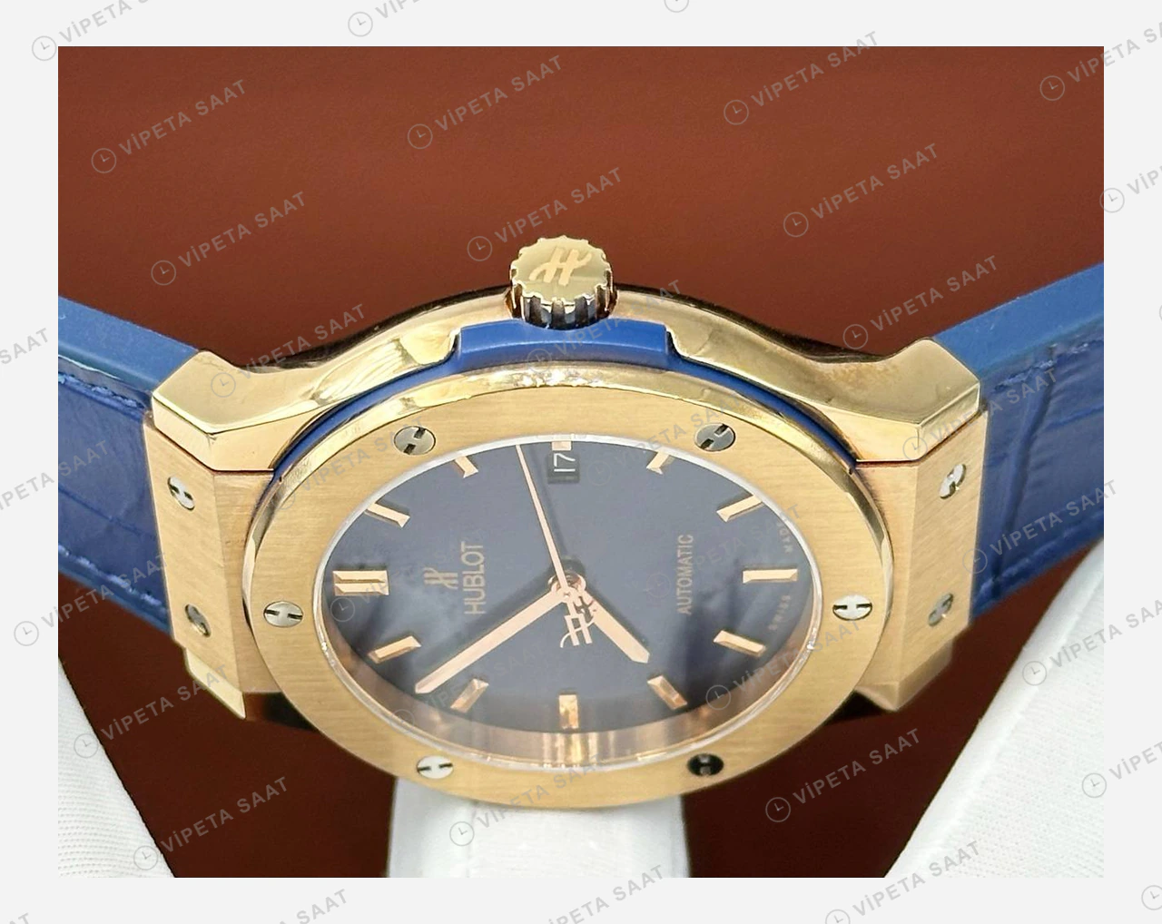 Hublot Classic Fusion Mavi Kadran Rose Bezel Kauçuk Super Clone ETA Eta Saat detay 4