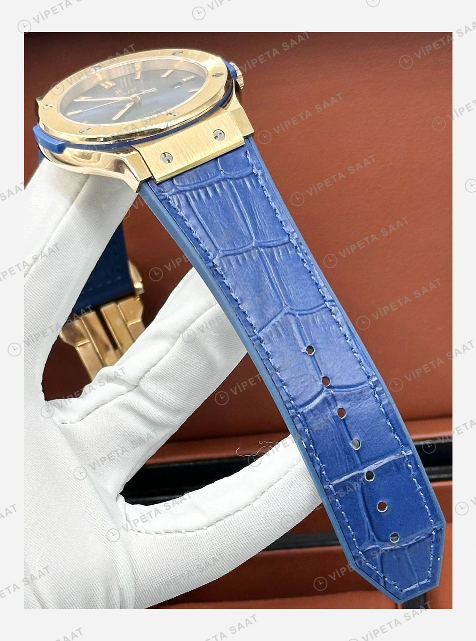 Hublot Classic Fusion Mavi Kadran Rose Bezel Kauçuk Super Clone ETA Eta Saat detay 5