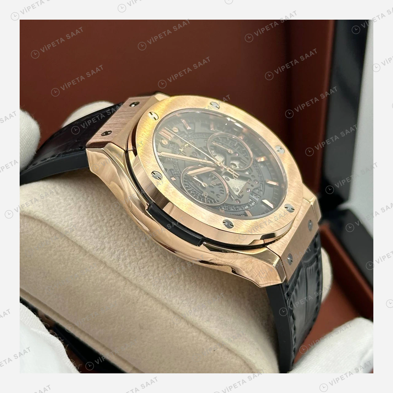 Hublot Classic Fusion Rose Gold Kahve Kronograf Deri Super Clone ETA Eta Saat detay 5