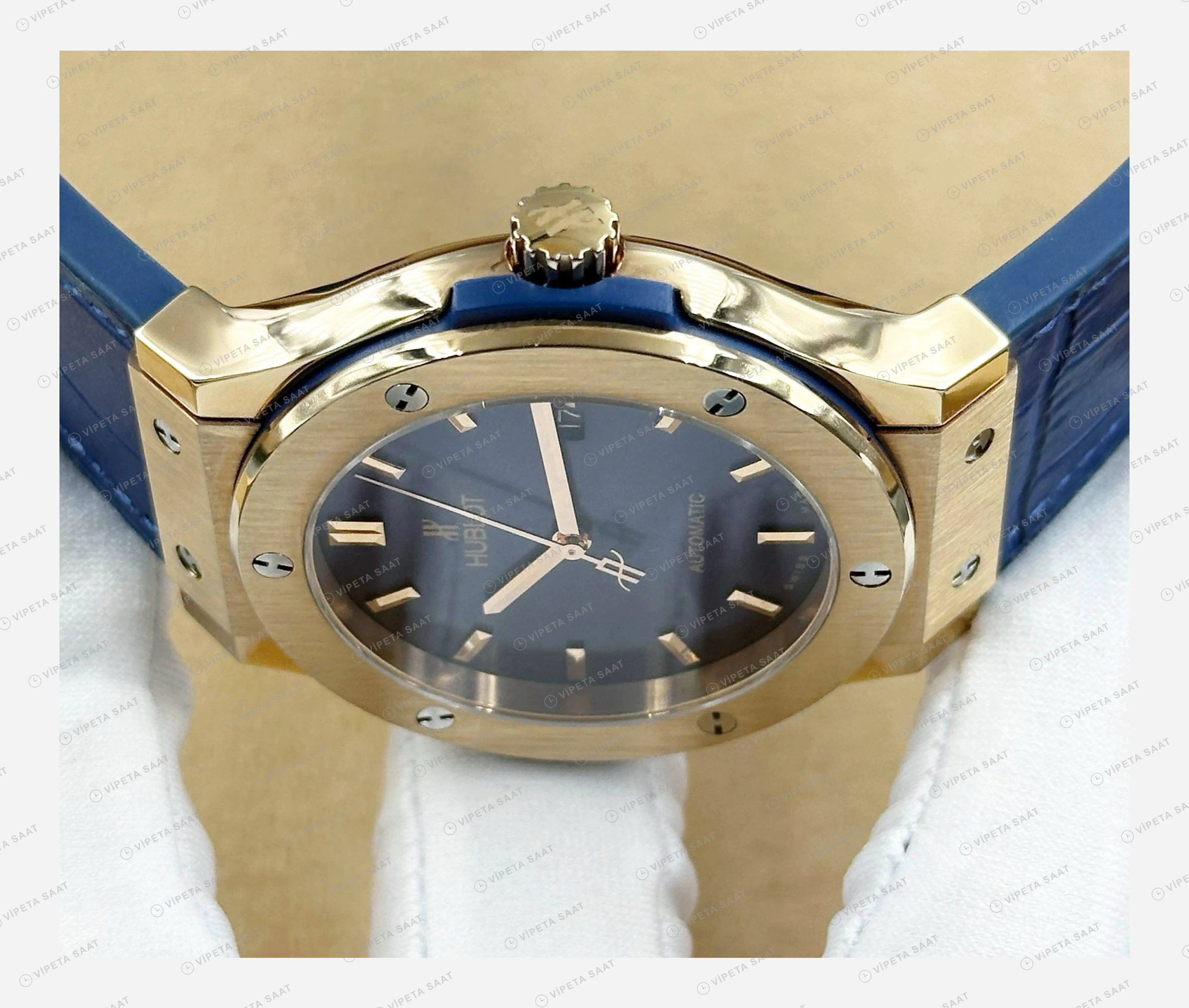 Hublot Classic Fusion Rose Gold Mavi Kadran Deri Lacivert Super Clone ETA Eta Saat detay 3