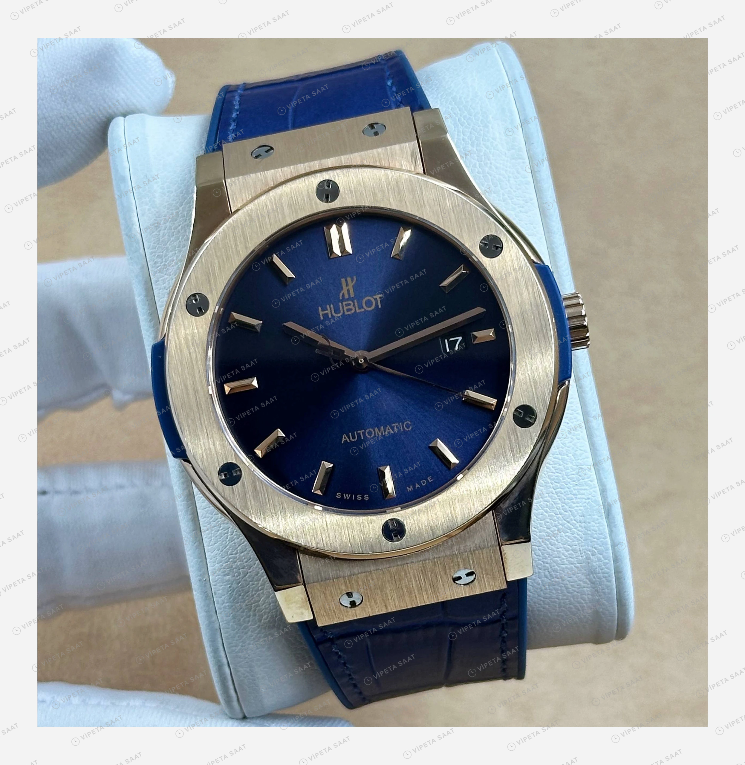 Hublot Classic Fusion Rose Gold Mavi Kadran Deri Lacivert Super Clone ETA Eta Saat detay 5