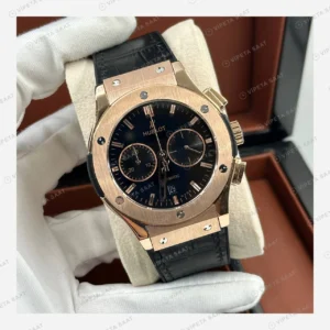 Hublot Classic Fusion Rose Gold Siyah Kronograf Deri Super Clone ETA Eta Saat detay 5