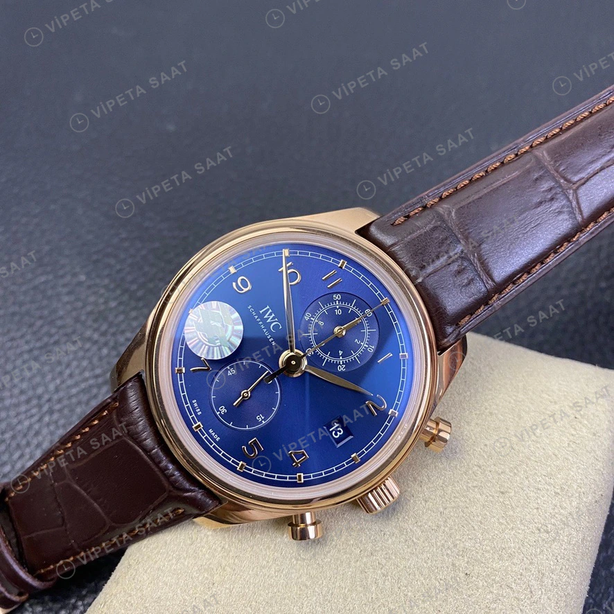 IWC GMT-Master II Portugieser Chronograph Gri Kadran Rose Kasa Kahverengi Deri Super Clone Eta Eta Saat detay 5