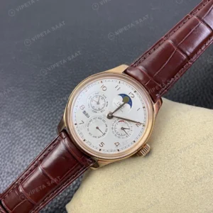 IWC GMT-Master II Portugieser Perpetual Calendar Gümüş Kadran Rose Kasa Kahverengi Deri Super Clone Eta Eta Saat detay 3