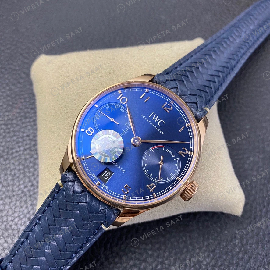 IWC GMT-Master II Portugieser Rose Kasa Gümüş Kadran Mavi Deri Super Clone Eta Eta Saat detay 4