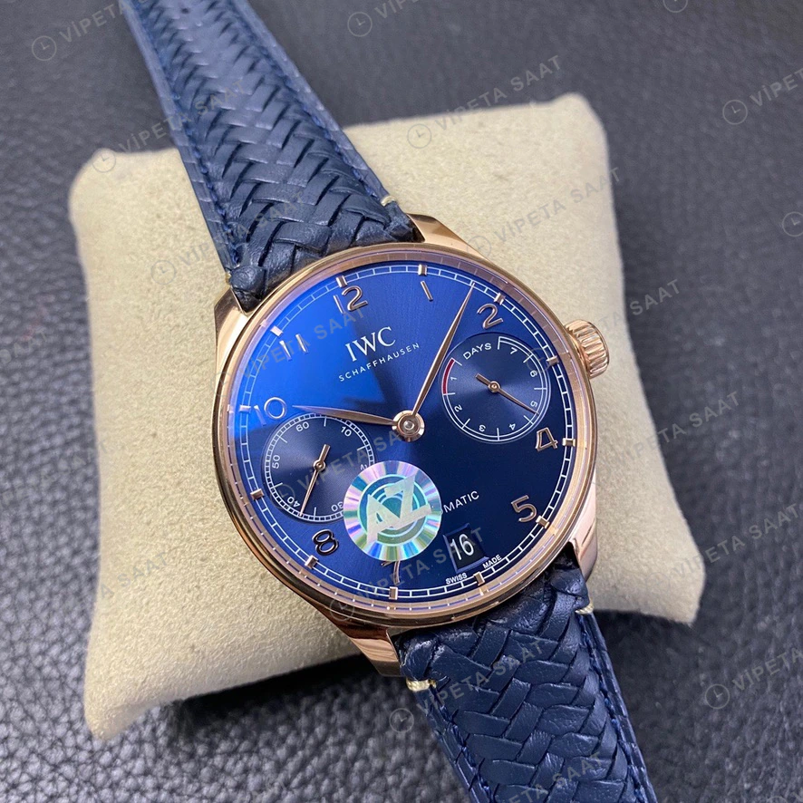 IWC GMT-Master II Portugieser Rose Kasa Gümüş Kadran Mavi Deri Super Clone Eta Eta Saat detay 7