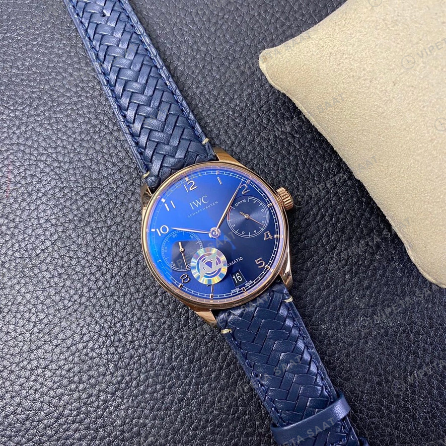 IWC GMT-Master II Portugieser Rose Kasa Gümüş Kadran Mavi Deri Super Clone Eta Eta Saat detay 8