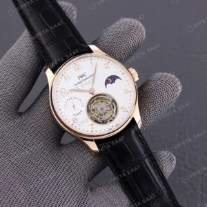 IWC GMT-Master II Portugieser Tourbillon Moonphase Gümüş Kadran Rose Kasa Siyah Deri Kordon Super Clone Eta Eta Saat karşıdan görünüm
